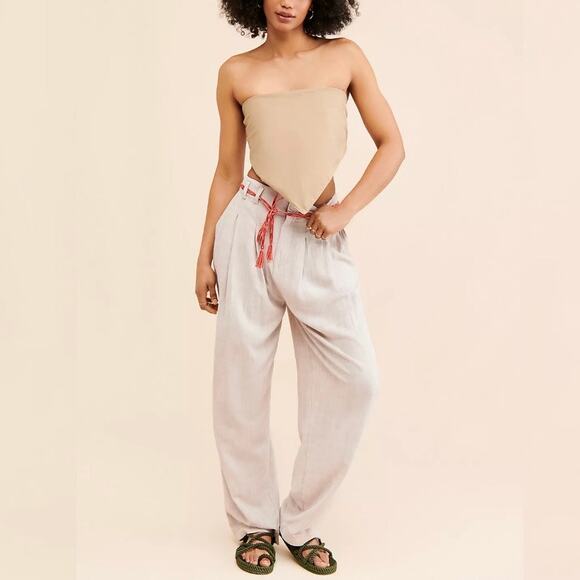 Free People Neutral Beige‎ Calla Pleated Trousers Size 10 - Picture 1 of 9